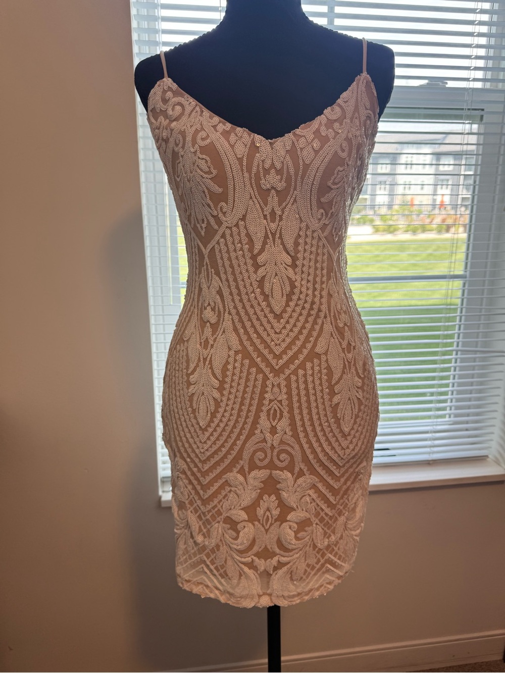 Beaded Ivory Lace Sheath Dress with Spaghetti Straps